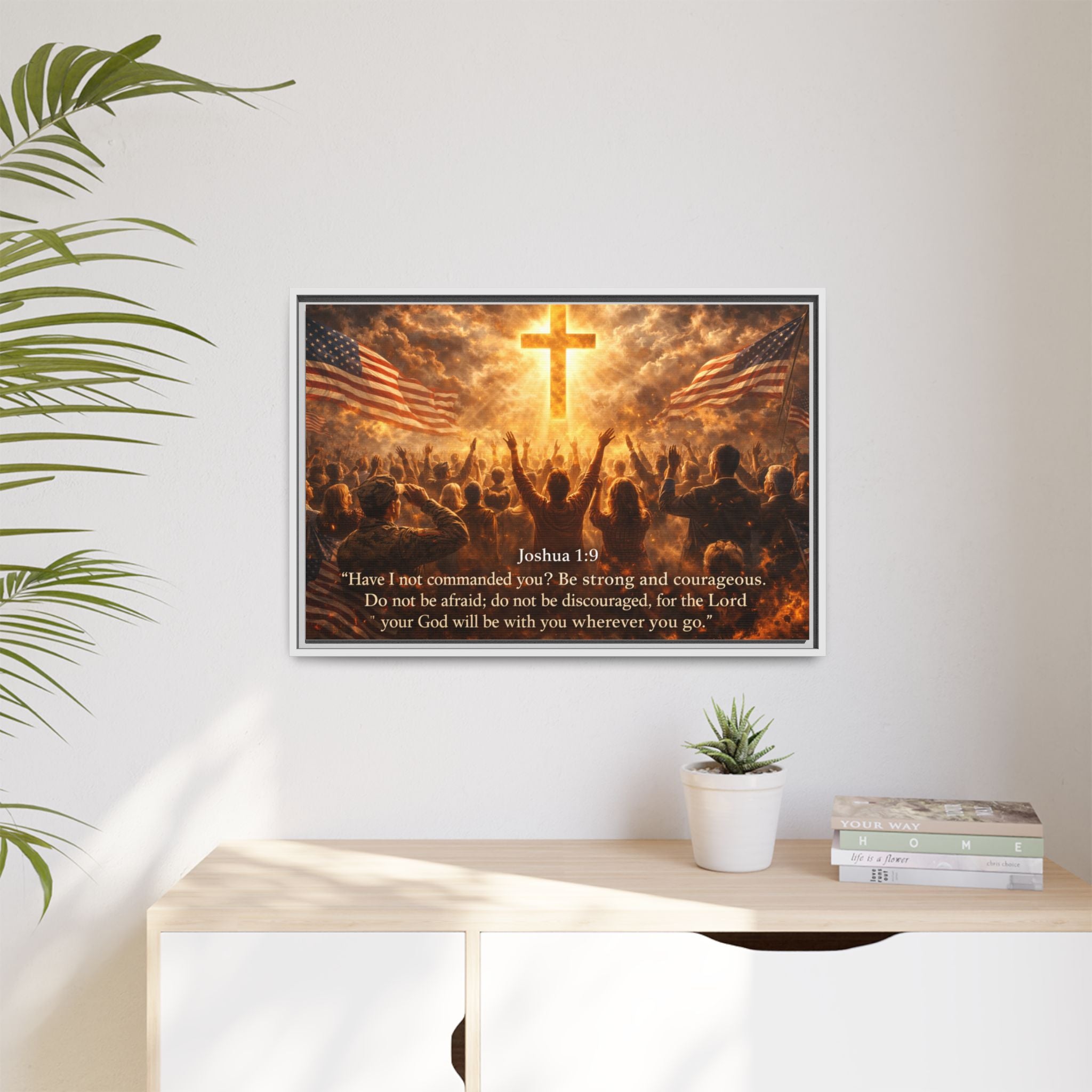Framed Matte Canvas - Joshua 1:9 Christian Wall Art with Cross & Flags