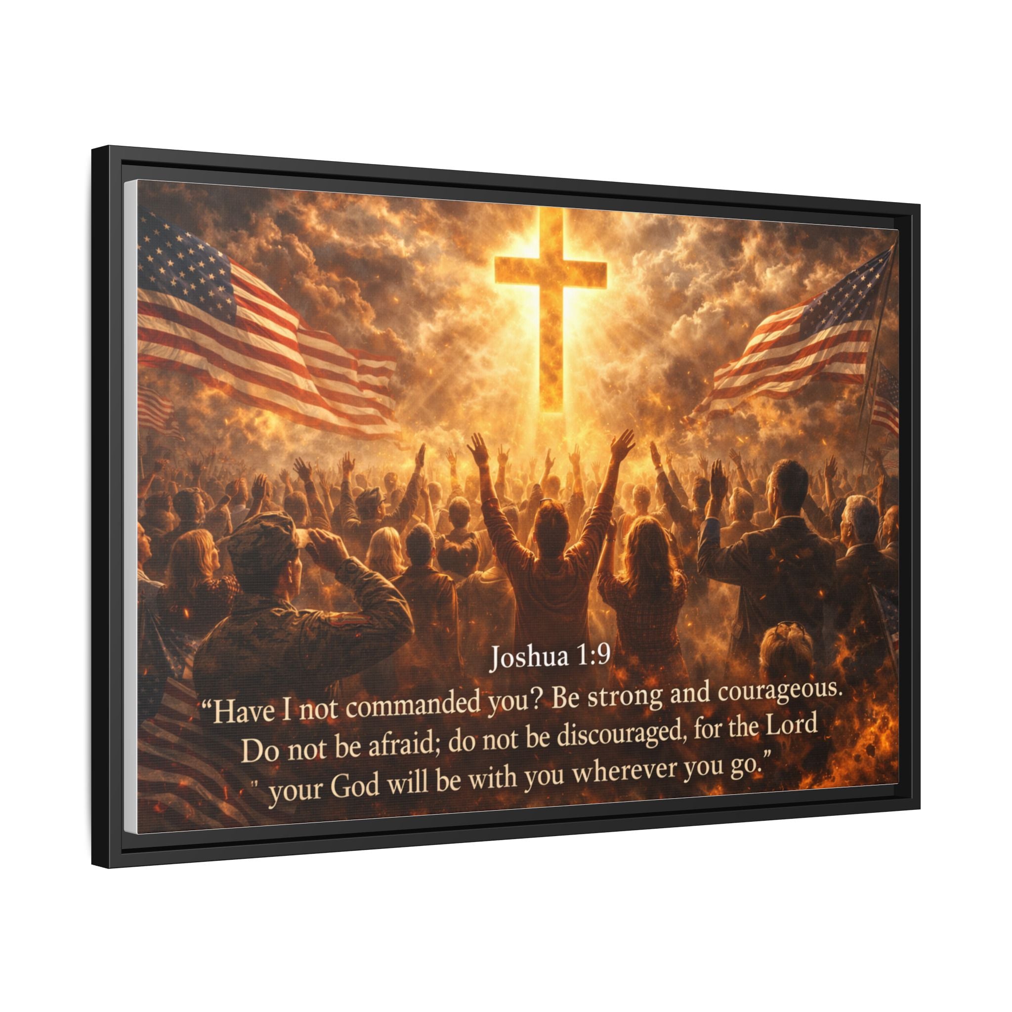 Framed Matte Canvas - Joshua 1:9 Christian Wall Art with Cross & Flags