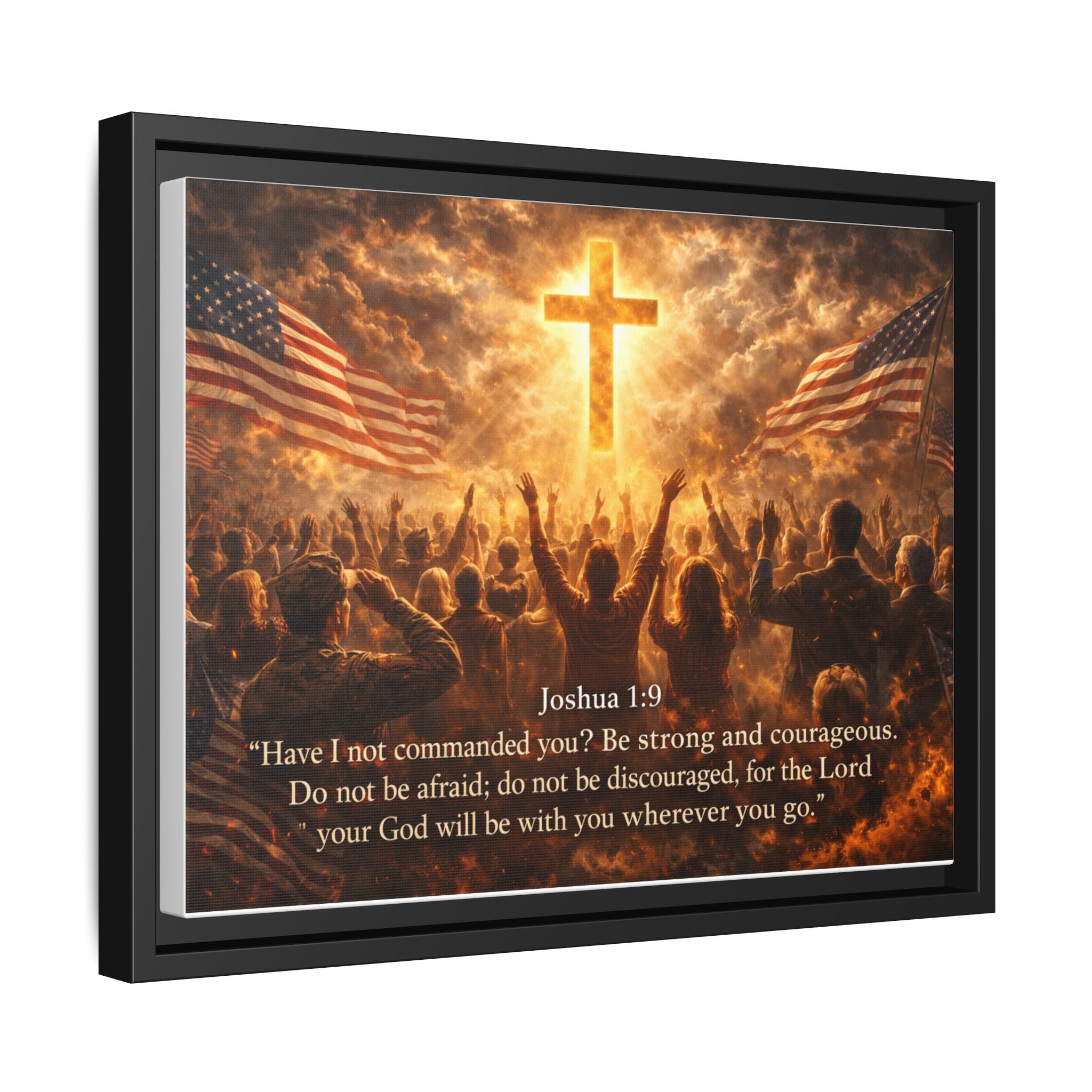 Framed Matte Canvas - Joshua 1:9 Christian Wall Art with Cross & Flags