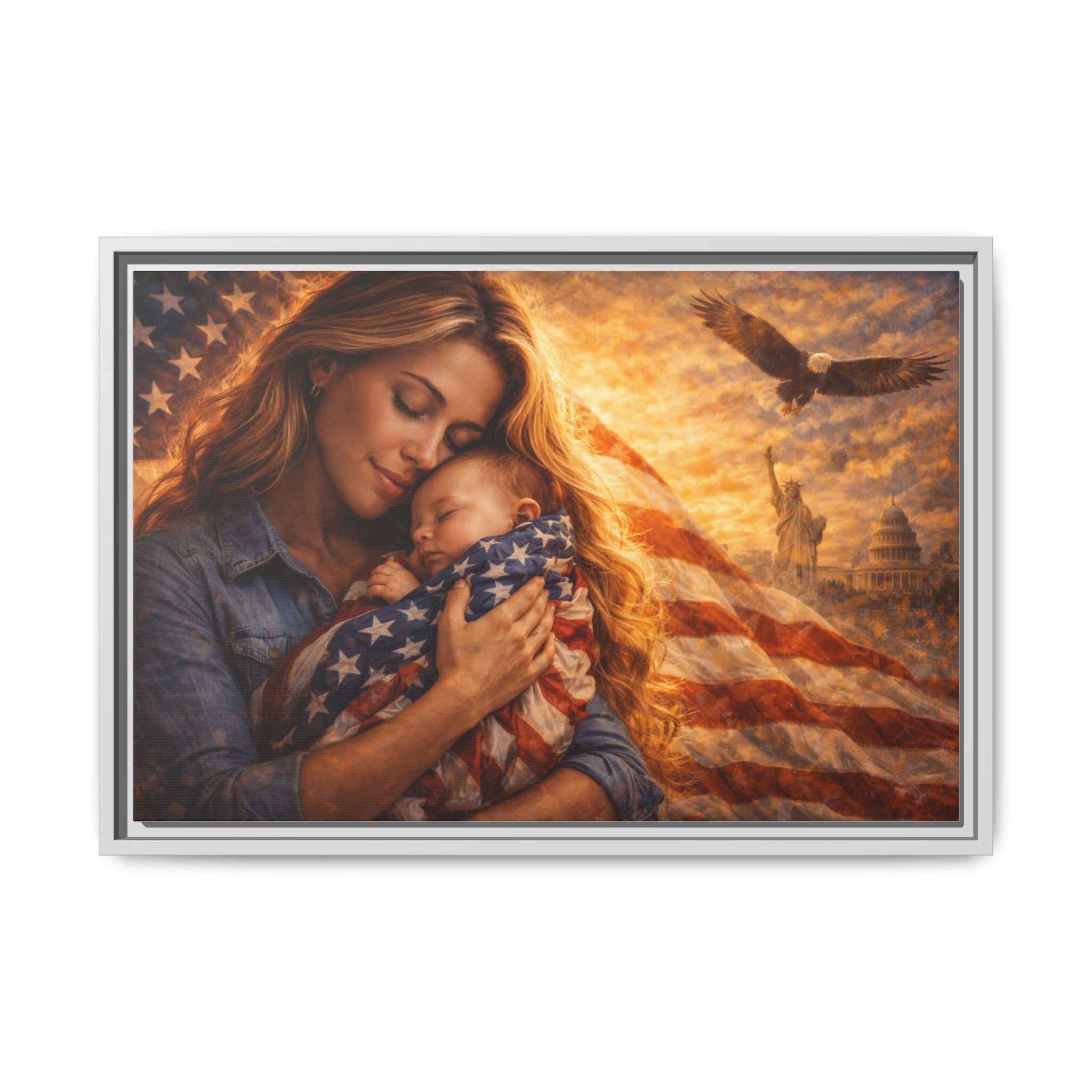Patriotic Mother & Baby Framed Canvas Print