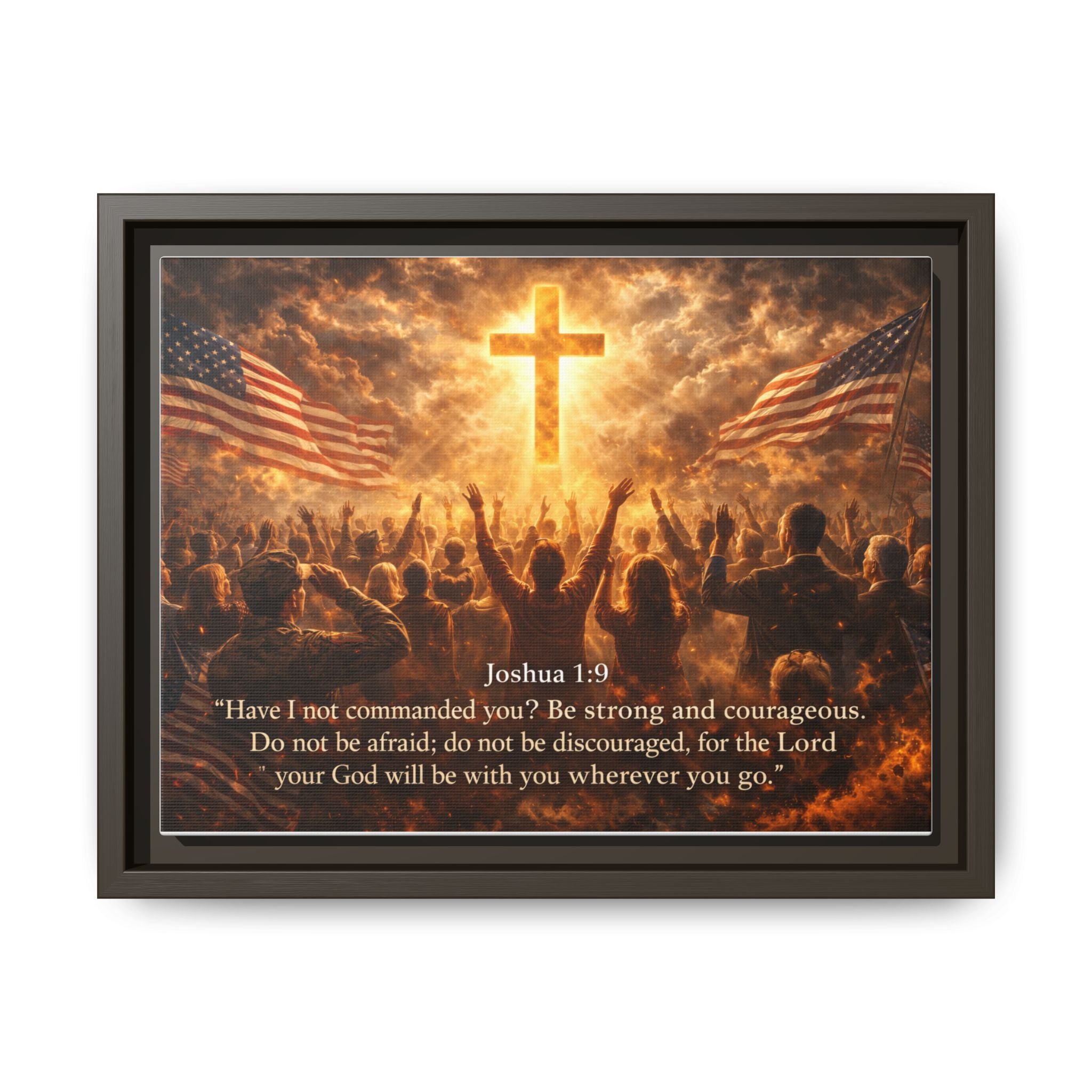 Framed Matte Canvas - Joshua 1:9 Christian Wall Art with Cross & Flags