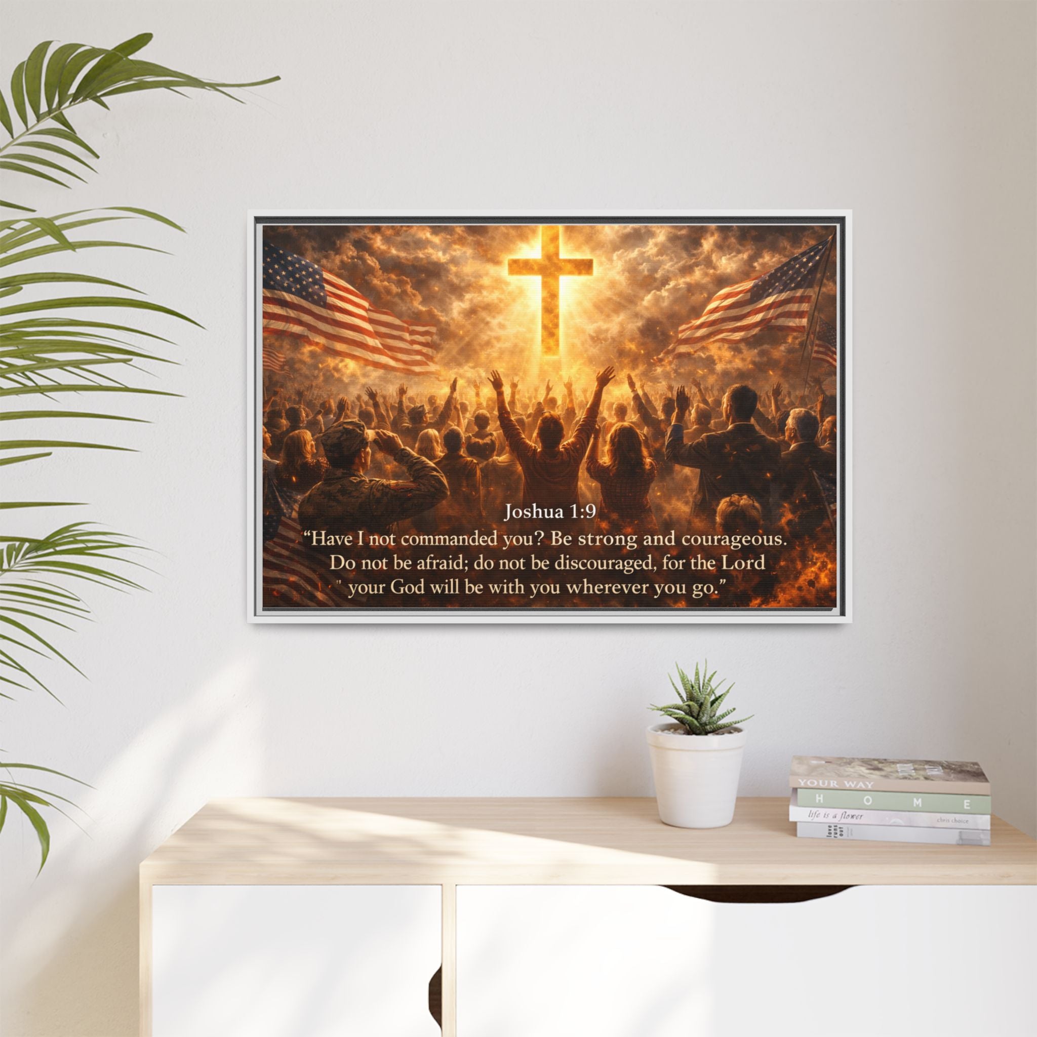 Framed Matte Canvas - Joshua 1:9 Christian Wall Art with Cross & Flags