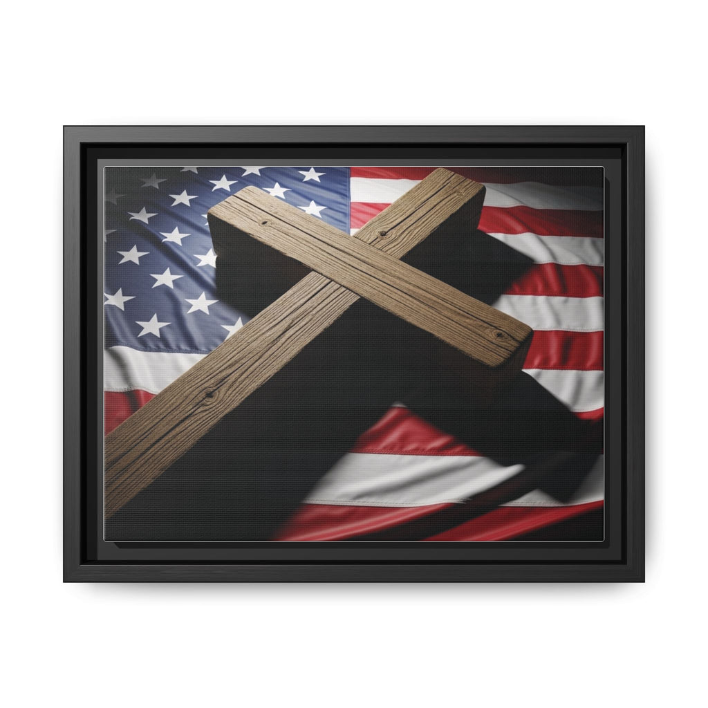 Patriotic Cross Matte Canvas Framed Wall Art — American Flag Christian Decor